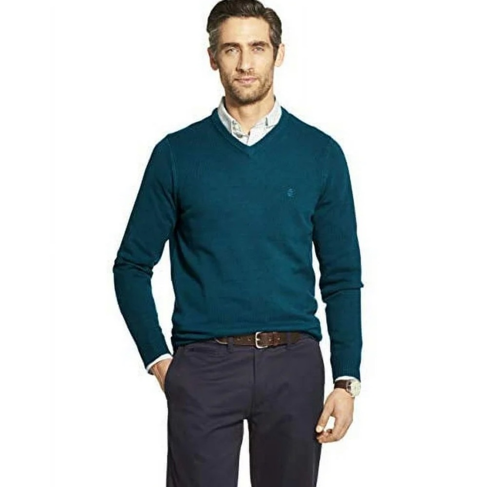 NWT IZOD men’s premium essentials solid v-neck 7 gauge sweater, new asphault, Lg